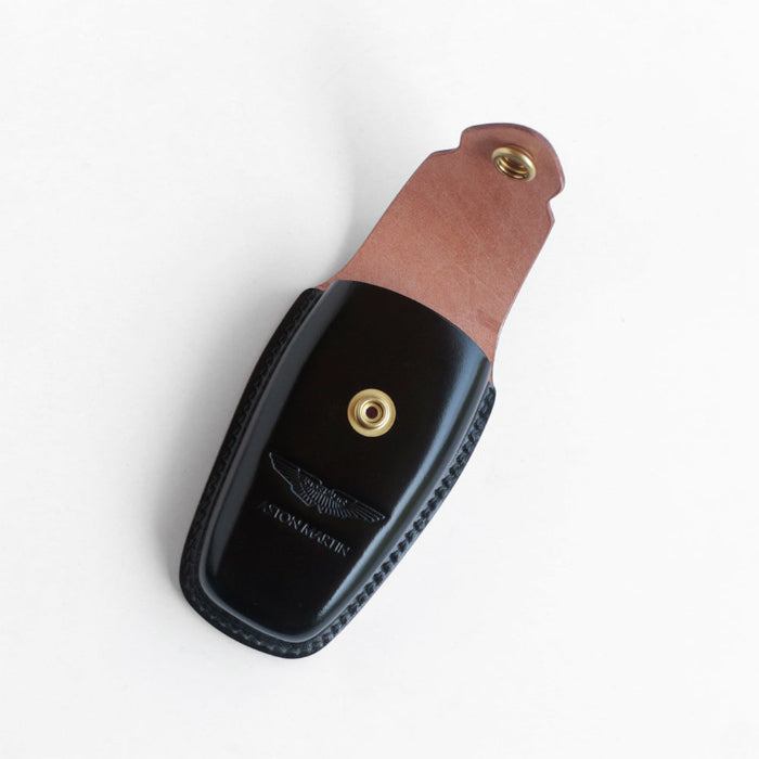 Side view of handmade shell cordovan key case for Aston Martin DB12