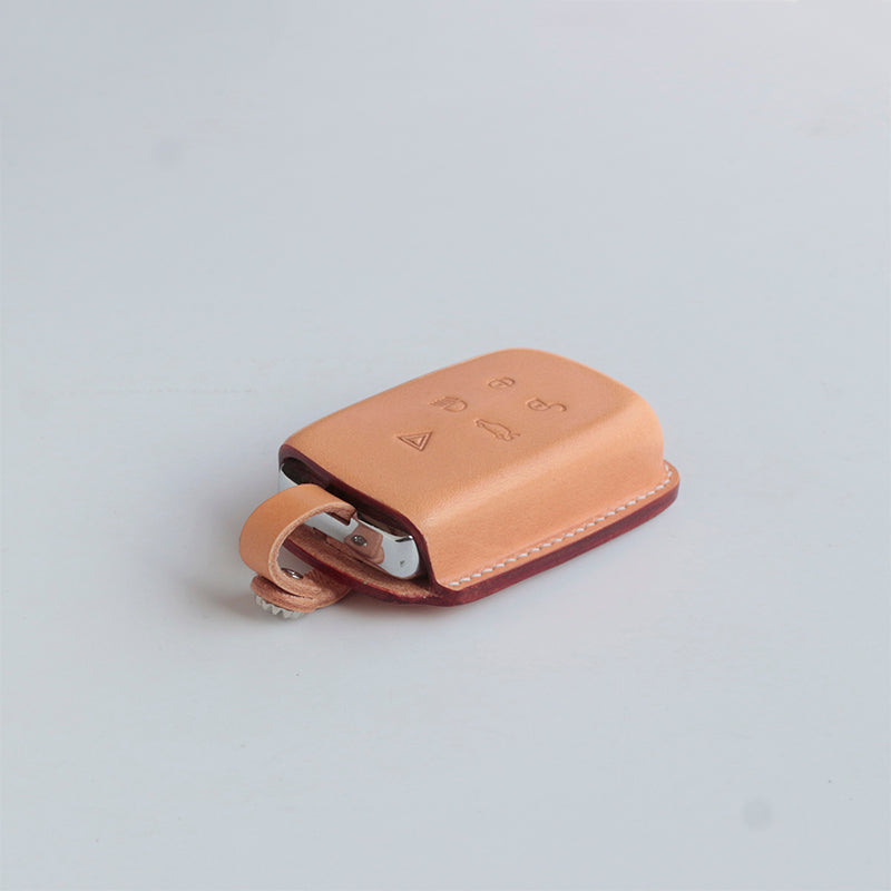 Close-up of stitching detail on handmade leather Land Rover key case