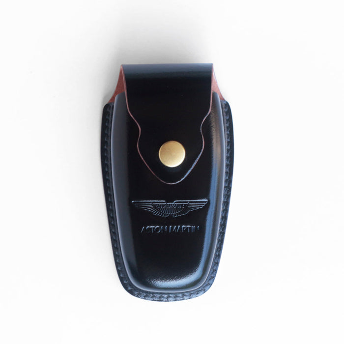 Glossy shell cordovan leather texture on Aston Martin key cover