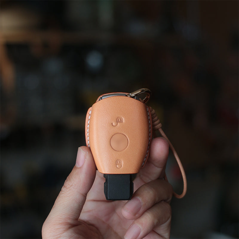 High-quality European leather showing rich patina potential on a TanGear Mercedes key fob cover